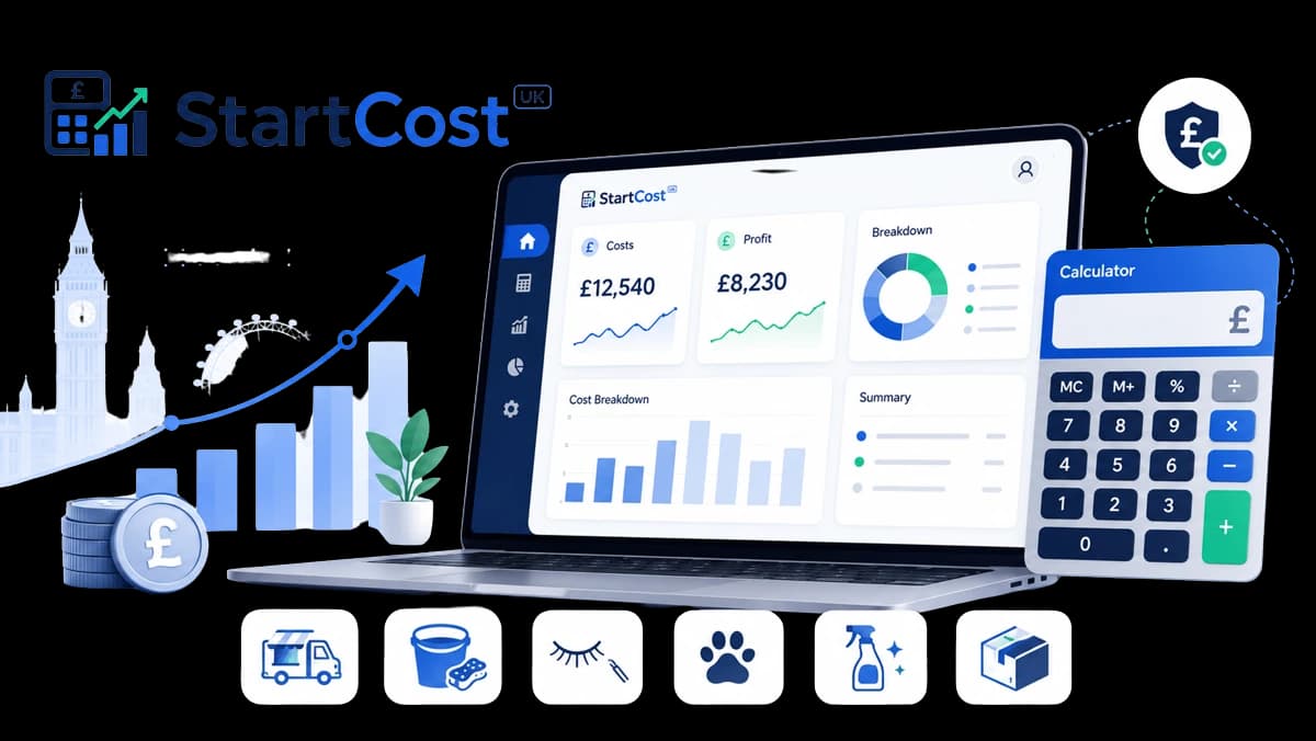 StartCost UK calculator dashboard showing startup costs and break-even results